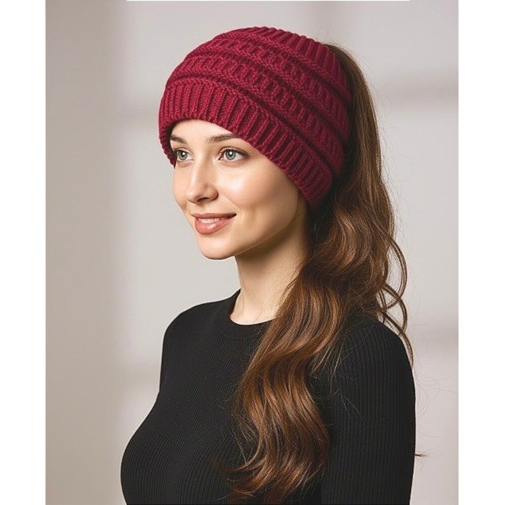 Cozy Knit Open Crown Ponytail Winter Hat Burgundy Messy Bun NWT